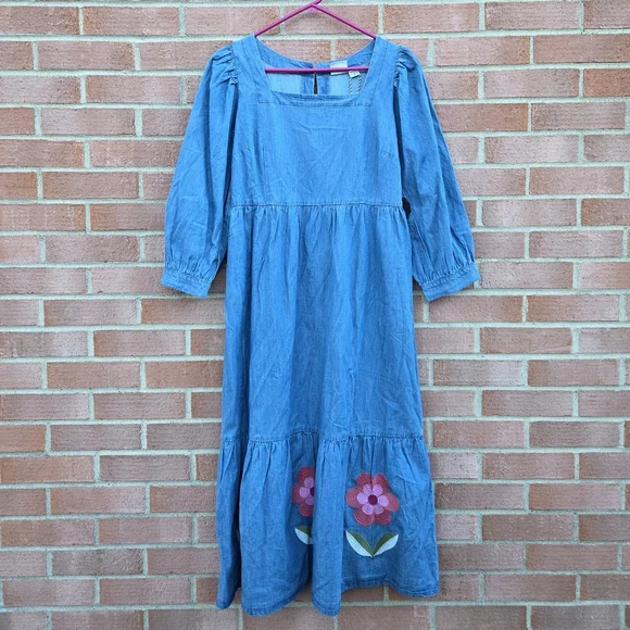 Joanie Ruby Square Neck Denim Midi Dress Size 6 Artsy Boho - Picture 2 of 7
